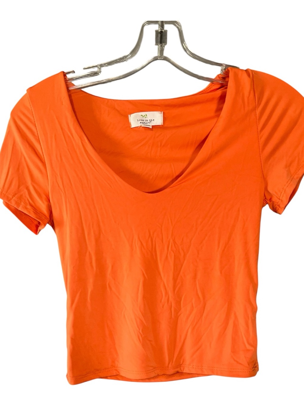 Live in the Moment Neon Orange V Neck Stretch Tee Top Women’s Small Bright Fit